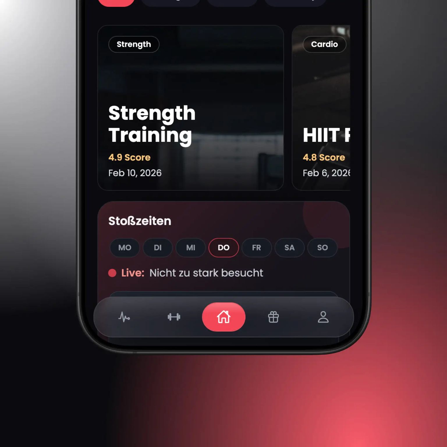 FITPULSE app home area with news and peak times