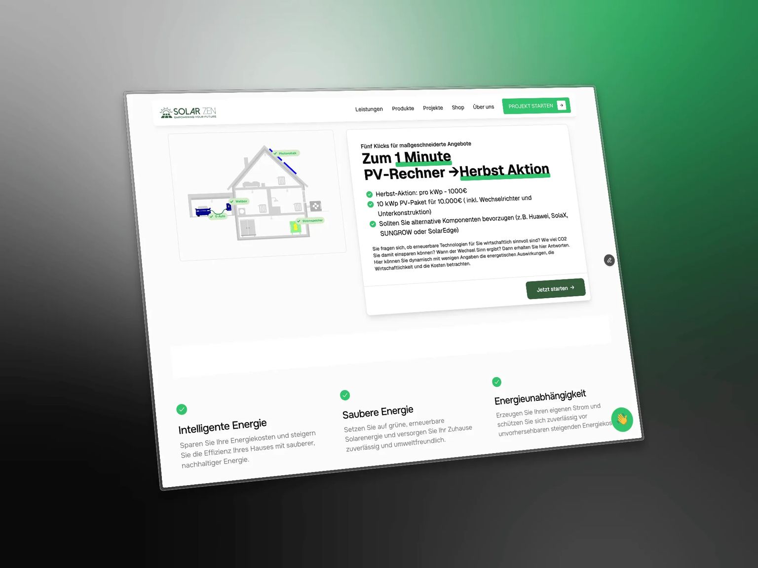 Solarzen homepage with a one-minute PV calculator as the entry into the sales funnel