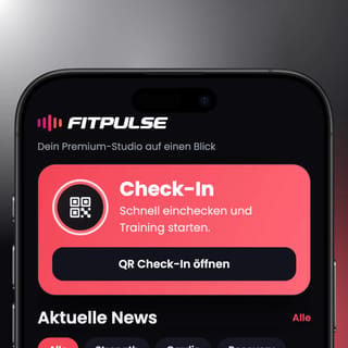 FITPULSE app with QR check-in on a smartphone